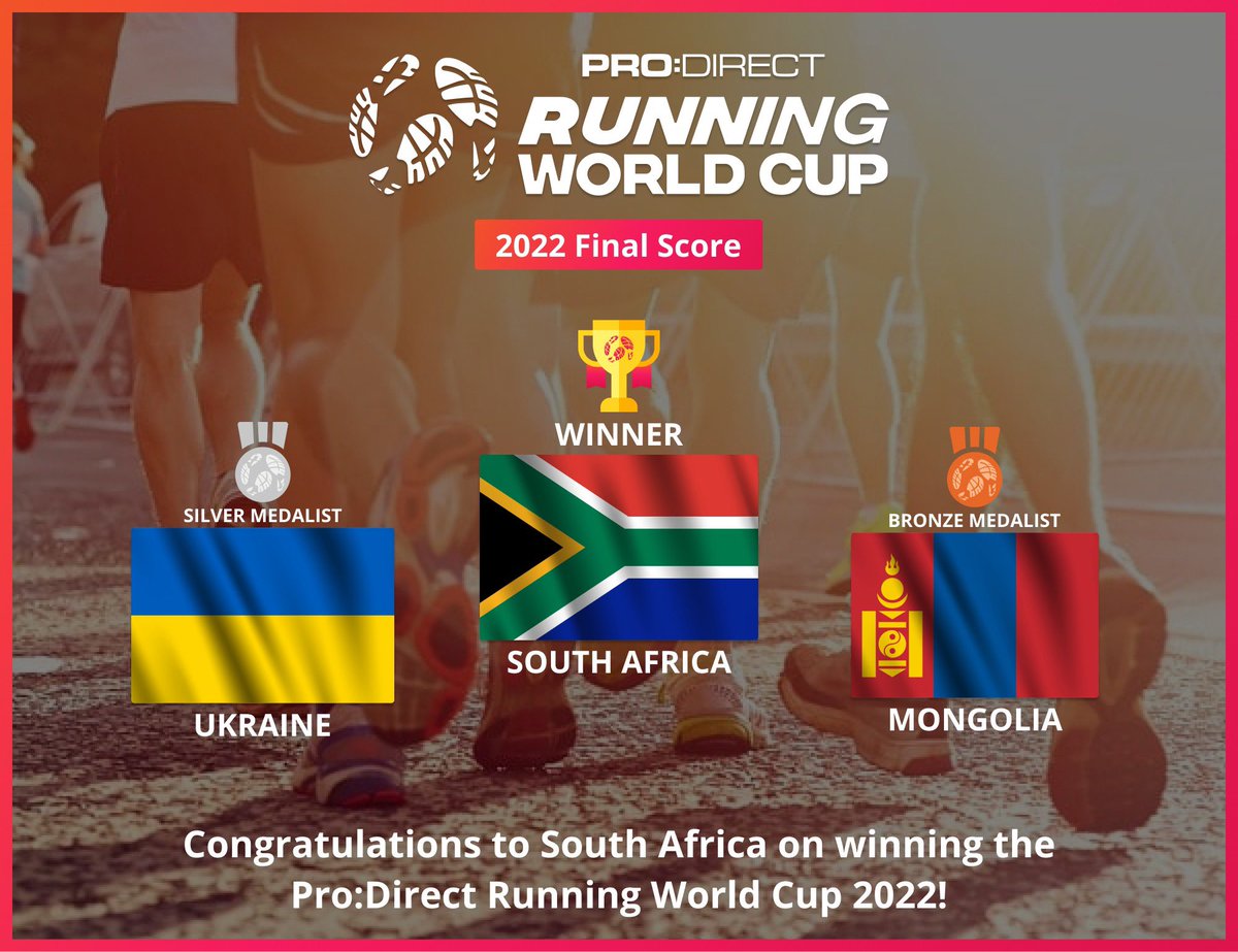 Running World Cup (@runningworldcup) on Twitter photo And the winners areโฆโฆ. South Africa!It was a close race with an honourable mention to Ukraine for coming in the Silver medal position,especially given everything that is happening in their country. Thanks to <a href="/Luv2404/">๐๐๐ซ๐๐ญ๐จ ๐๐ญ๐ฌ๐๐ฅ๐</a> for her great leadership and everyone that ran. <a href="/ZelenskyyUa/">Volodymyr Zelenskyy / ะะพะปะพะดะธะผะธั ะะตะปะตะฝััะบะธะน</a> And the winners areโฆโฆ. South Africa!It was a close race with an honourable mention to Ukraine for coming in the Silver medal position,especially given everything that is happening in their country. Thanks to <a href="/Luv2404/">๐๐๐ซ๐๐ญ๐จ ๐๐ญ๐ฌ๐๐ฅ๐</a> for her great leadership and everyone that ran. <a href="/ZelenskyyUa/">Volodymyr Zelenskyy / ะะพะปะพะดะธะผะธั ะะตะปะตะฝััะบะธะน</a>