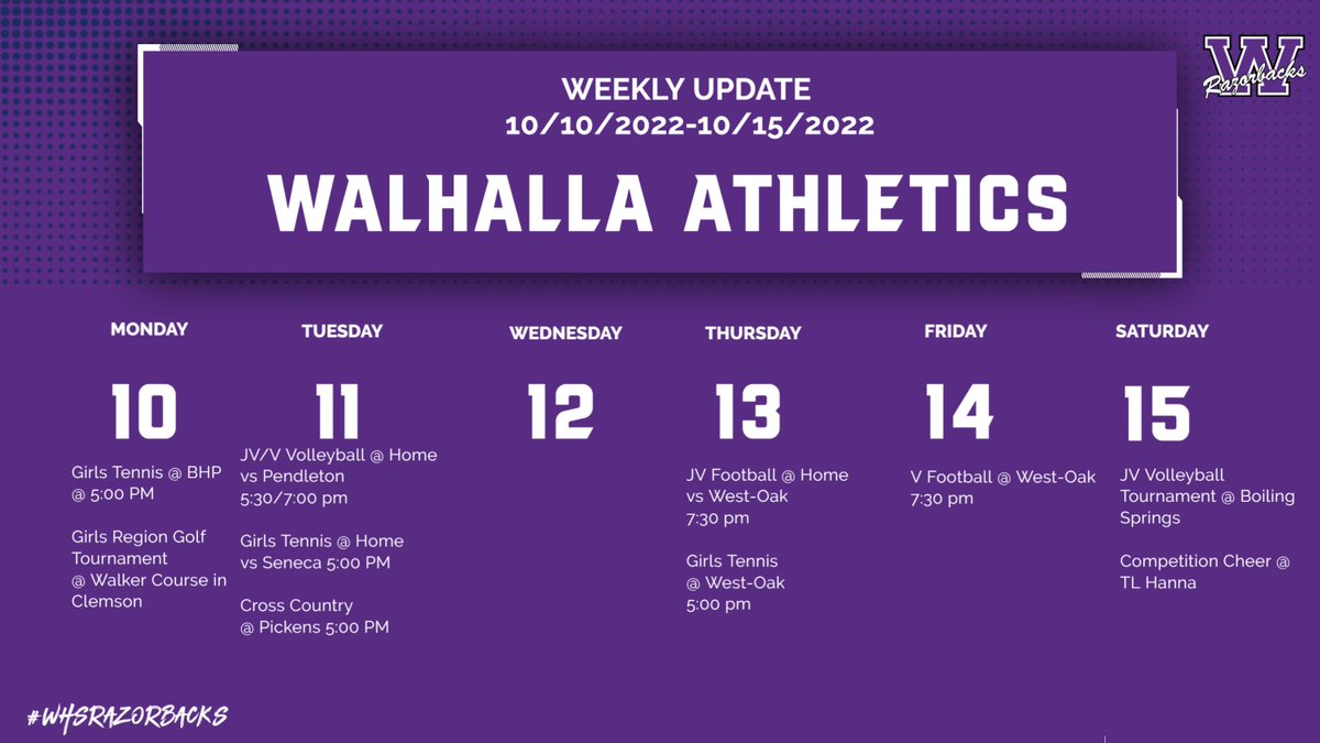 RazorbacksA's tweet photo. Check out what's happening with Walhalla Athletics this week! Fall sports are in the midst of region play & region tournaments, pick an event out and come support your Razorback Student-Athletes! #RazorbackStrong
"It's not how you start, but it's how you finish," Michael Phelps https://t.co/wnbwgUtWFP