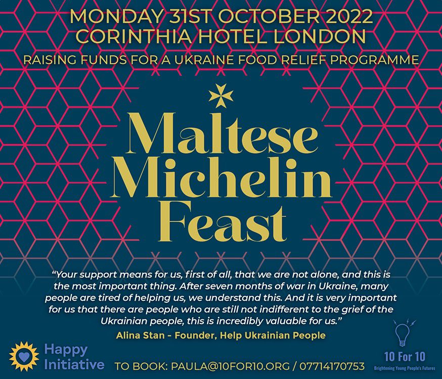 As war rages this is what the founder of the benefiting charity said about our Maltese Michelin Feast, “your support means for us, first of all, that we are not alone, and this is the most important thing.” Can you join us and help those who need it most? #StandWithUkraine