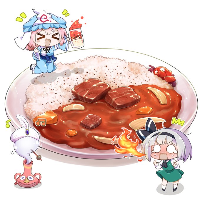 先日のカレーとゆゆみょん、練習絵ですが見ていただきありがとうございます!ちょっとだけさらに辛そうに色を調整したのも添えて 