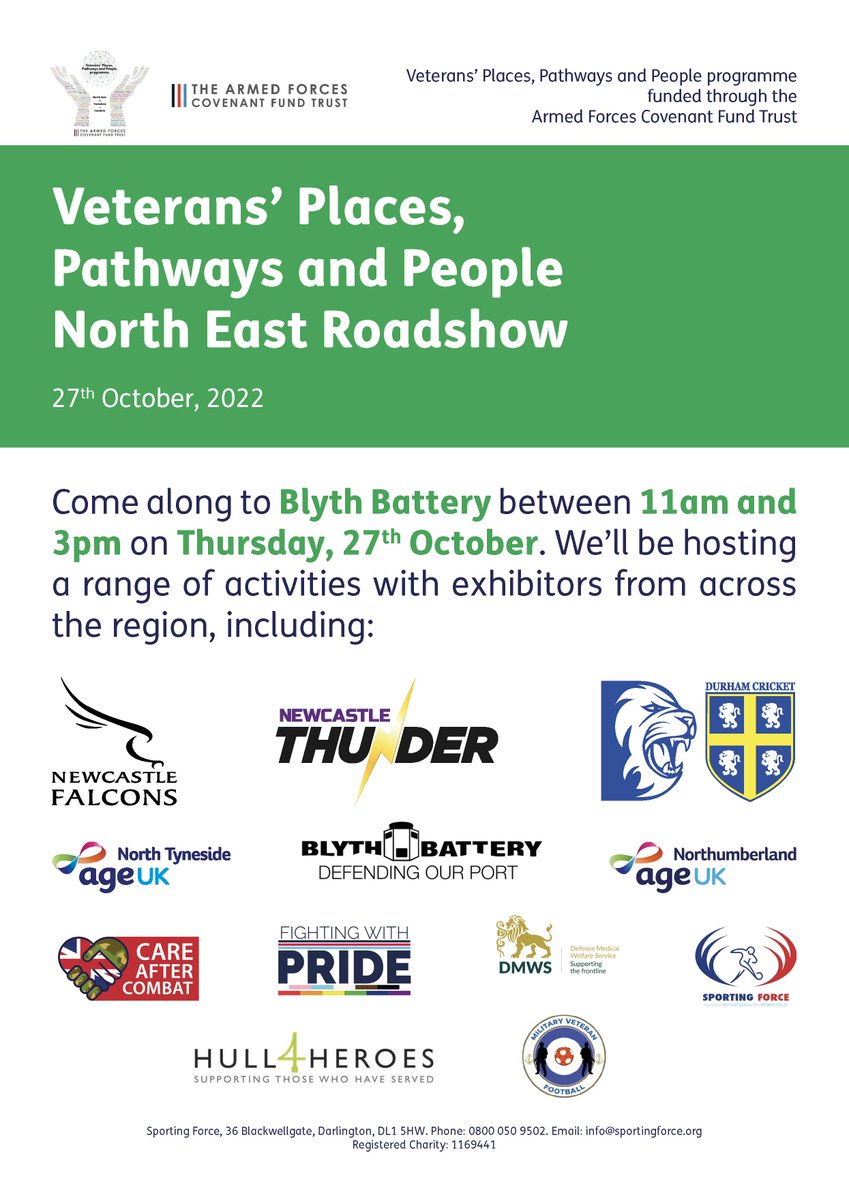 SportingForce's tweet image. #Roadshow #Northumberland #exservice #veterans 
Everyone welcome - meet with #supportagencies #charity #armedforces