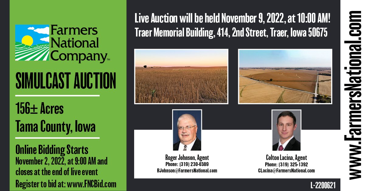 FarmersNational's tweet photo. Simulcast #Auction!
Take a look at this high-quality quarter section in Northern Tama County, Iowa. This farm averages 87.44 CSR2 on cropland acres with easy access and roads on two sides. The lease is terminated and open to #farm in 2023
🔗https://t.co/1U8wUaMTdK
#forsale #land https://t.co/GtOC01cvnU