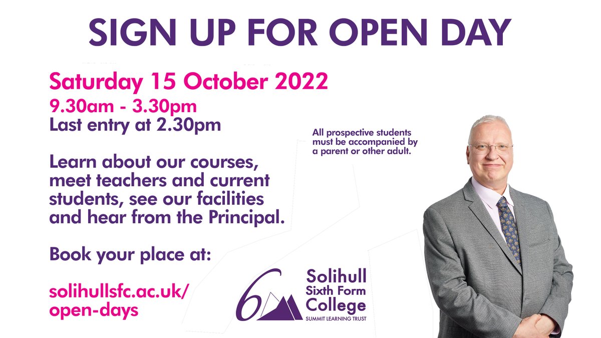 solihull6thform's tweet photo. It’s Open Day week! Have you booked your place at the event on Saturday? We are open from 9.30am – 3.30pm, but you do need to book tickets to attend. All prospective learners must attend with a parent or other adult. Tickets are available at https://t.co/jehWFn5fQE. https://t.co/DyRJsRp5uf