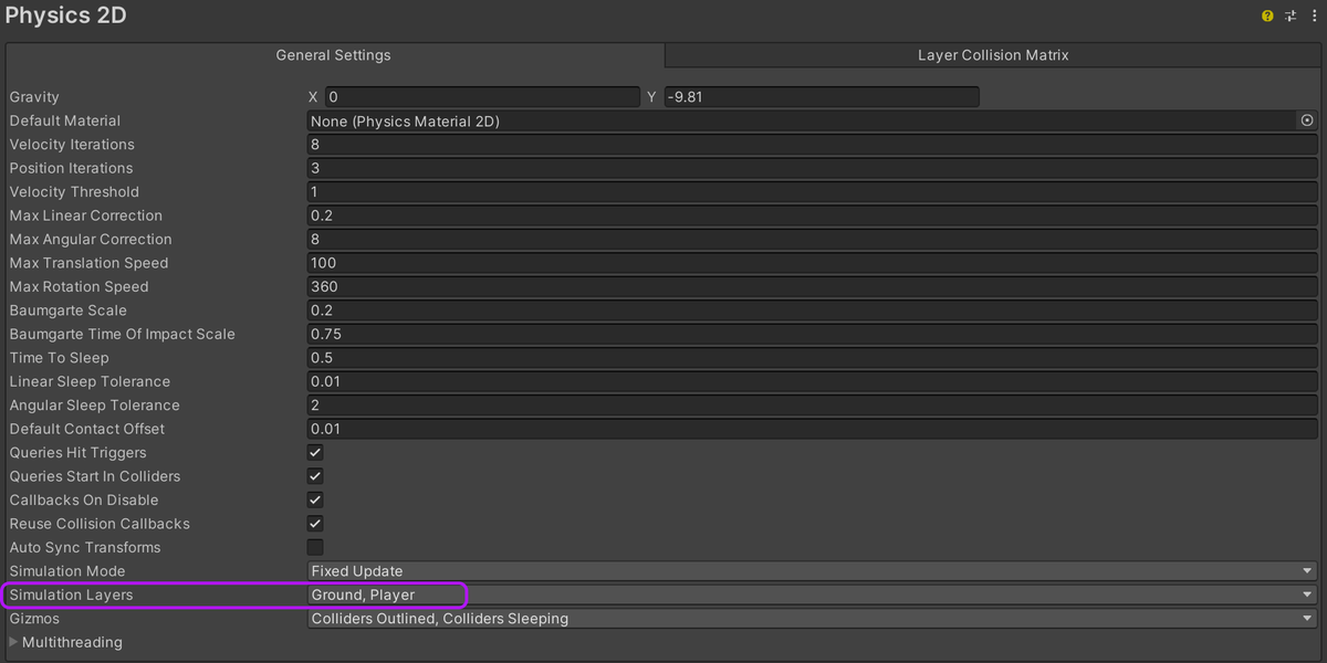 melvmay's tweet photo. Probably too close to cut-off to land this in 2023.1 (maybe!) but another "in the works" is the ability to simulate specific layers either automatically or manually via the "Physics2D.Simulate()" call. Simulate the player against the ground/enemies only or just projectiles etc. https://t.co/UJcJIYpY3M