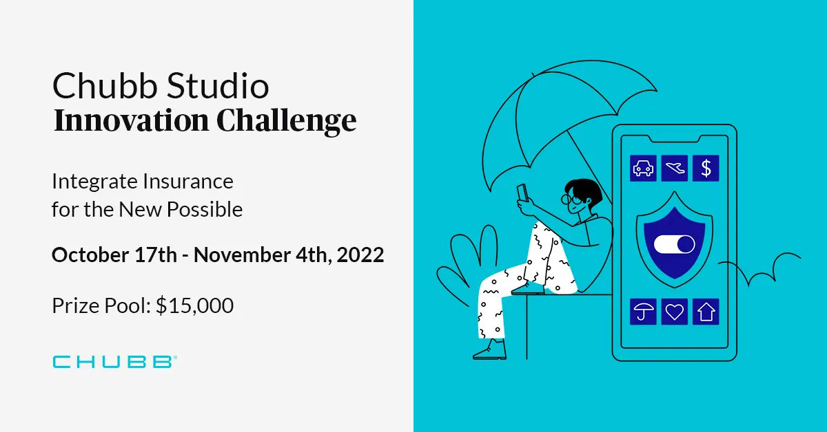 bemyapp's tweet photo. #ChubbStudioInnovation Challenge is coming next week! We’re looking for #insurance pros and coders to create the “new possible” of protecting against risk to livelihoods, passions and well-being. Join us Oct. 17-Nov. 4 and compete for a $15k prize pool: https://t.co/04T4ZhTzMs https://t.co/gymOpuTM6s