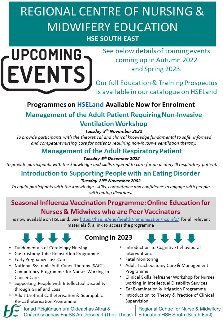 Training events coming up in Autumn 2022 and a look forward to 2023 #CPD #Education #Nurse #Midwife @NMPDUKilkenny @SouthEastCH @UHW_Waterford @WexGenHosp @lukes_ck @TippUHnursing @nurse_practice @CkstMhs