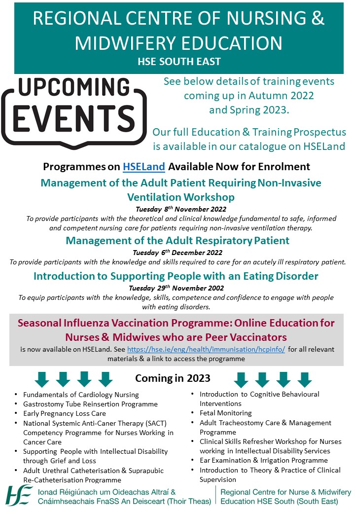 RCNME (Dublin and South East) (@rcnme_se) on Twitter photo Training events coming up in Autumn 2022 and a look forward to 2023 #CPD #Education #Nurse #Midwife
<a href="/NMPDUKilkenny/">NMPDU Kilkenny</a> <a href="/SouthEastCH/">HSE/SECH (now part of HSE Dublin and South East)</a> <a href="/UHW_Waterford/">Univ Hosp Waterford</a> <a href="/WexGenHosp/">Wexford General Hospital</a> <a href="/lukes_ck/">St. Luke's General Hospital Carlow/Kilkenny</a> <a href="/TippUHnursing/">TippUH-NURSING</a> <a href="/nurse_practice/">Nurse Practice Development Team South East</a> @CkstMhs Training events coming up in Autumn 2022 and a look forward to 2023 #CPD #Education #Nurse #Midwife
<a href="/NMPDUKilkenny/">NMPDU Kilkenny</a> <a href="/SouthEastCH/">HSE/SECH (now part of HSE Dublin and South East)</a> <a href="/UHW_Waterford/">Univ Hosp Waterford</a> <a href="/WexGenHosp/">Wexford General Hospital</a> <a href="/lukes_ck/">St. Luke's General Hospital Carlow/Kilkenny</a> <a href="/TippUHnursing/">TippUH-NURSING</a> <a href="/nurse_practice/">Nurse Practice Development Team South East</a> @CkstMhs