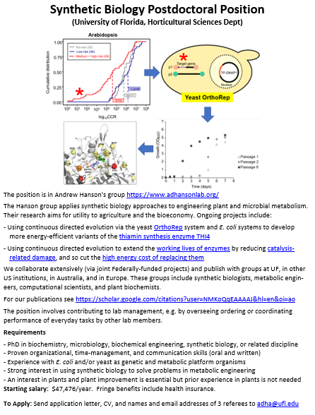 ADHansonLab's tweet photo. We are recruiting for a #SyntheticBiology #PostdoctoralPosition⬇️ on continuous #DirectedEvolution in e.g. yeast OrthoRep to extend working lives of short-lived plant enzymes -> cuts protein turnover cost -> cuts respiratory CO2 loss -> boosts yield. Pls RT #postdoc #postdocjobs https://t.co/HfK4jsnbAY