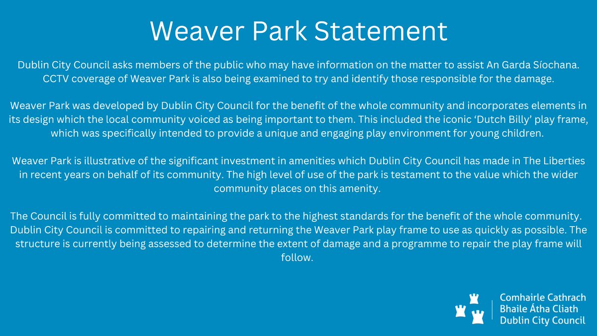 DubCityCouncil's tweet photo. Dublin City Council statement regarding fire at Weaver Park. https://t.co/6eRv5ef4hi