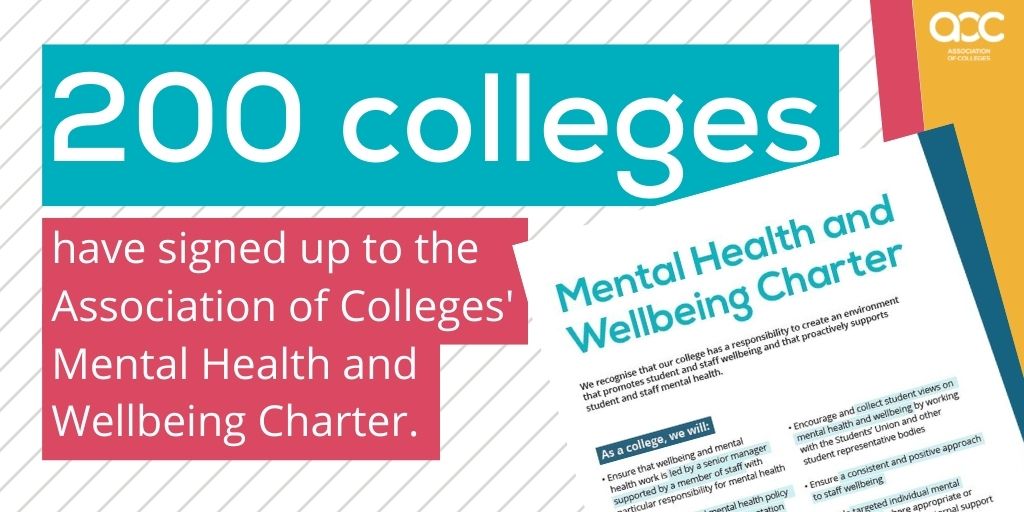 #WorldMentalHealthDay 

Back in 2019, we launched AoC Mental Health &amp; Wellbeing Charter.

Over 200 colleges have signed the charter and are committed to supporting staff and students' well-being at the right time and place.

Has your college signed it? bit.ly/3ytob0Y
