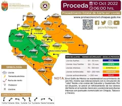 y_dpm's tweet photo. De acuerdo con @pcivilchiapas, este lunes se esperan lluvias intensas con descargas eléctricas en nuestra región, ocasionadas por efectos del Ciclón Tropical "Julia", por lo que te pedimos tomar precauciones para evitar riesgos y prevenir incidentes viales. @marianodiaz8a https://t.co/xDj71M8ENW