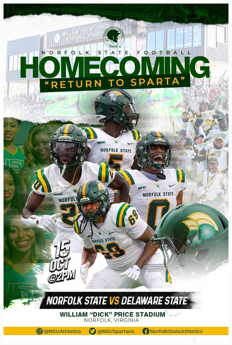 NSUSpartans's tweet photo. Return To Sparta! 🔰 It’s Homecoming! @NorfolkStateFB 
Tickets On Sale Today! 🎟️

#SpartanStrong 💪🏽 | #RiseUp 📶 https://t.co/xujEPzNpmP
