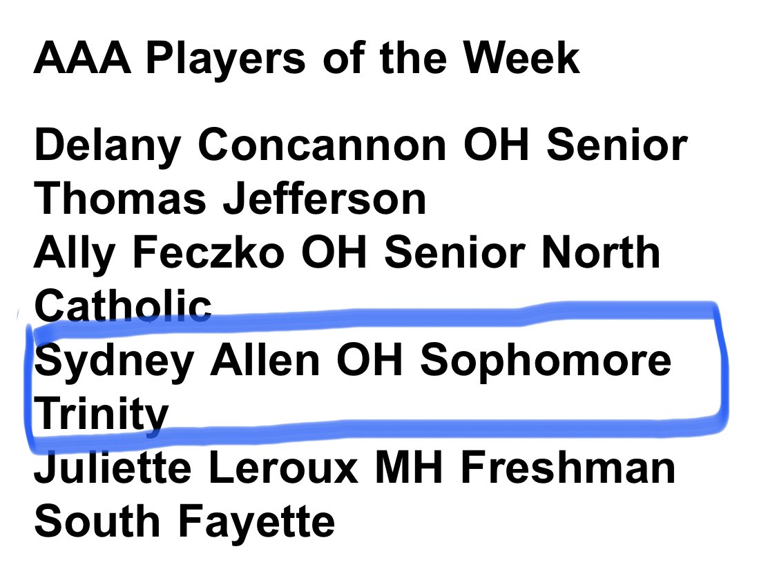 Congratulations Sophmore Sydney Allen for being recognized as a Player of the Week in 3A Coaches’ Poll! <a href="/SydAlle32904766/">Syd Allen</a> 
<a href="/Trinity_Hillers/">Trinity Athletics</a>