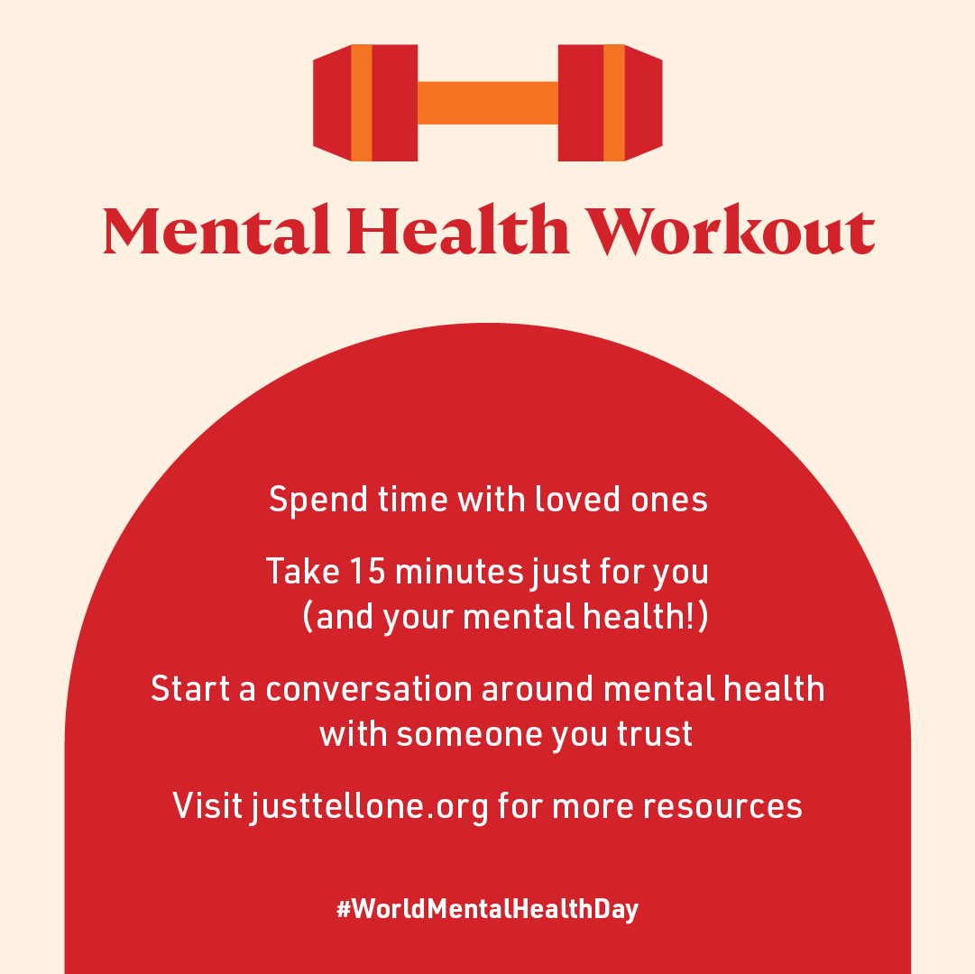 JustTellOne's tweet photo. #WorldMentalHealthDay recognizes the importance of mental health in our lives. Check out our mental health workout list for ways you can celebrate today with the young people in your life.

#mentalhealth #justtellone #jt1 https://t.co/MVQUNiTD6o