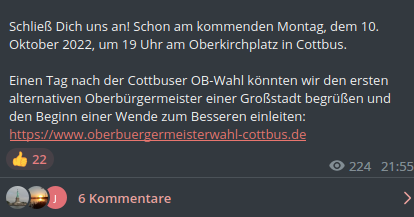 AfDwatchCB's tweet photo. Für heute rufen die #AfD und #ZukunftHeimat übrigens  wieder zu ner Demo in #Cottbus auf. Start 19 Uhr Oberkirche. Sogar ein alternativer OB soll kommen. https://t.co/krUTiqpmut