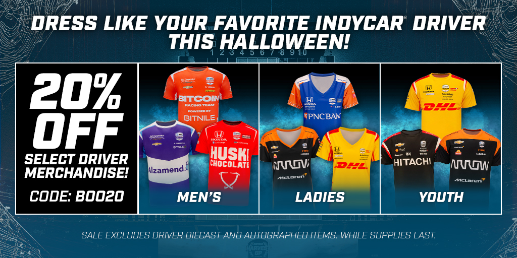 Need a Halloween costume idea? You can dress like your favorite INDYCAR driver + Save 20%! Shop the Sale: bit.ly/3T6Fr44 **Exclusions apply. While supplies last. Sale ends 10/17/22 at 10 am ET.**