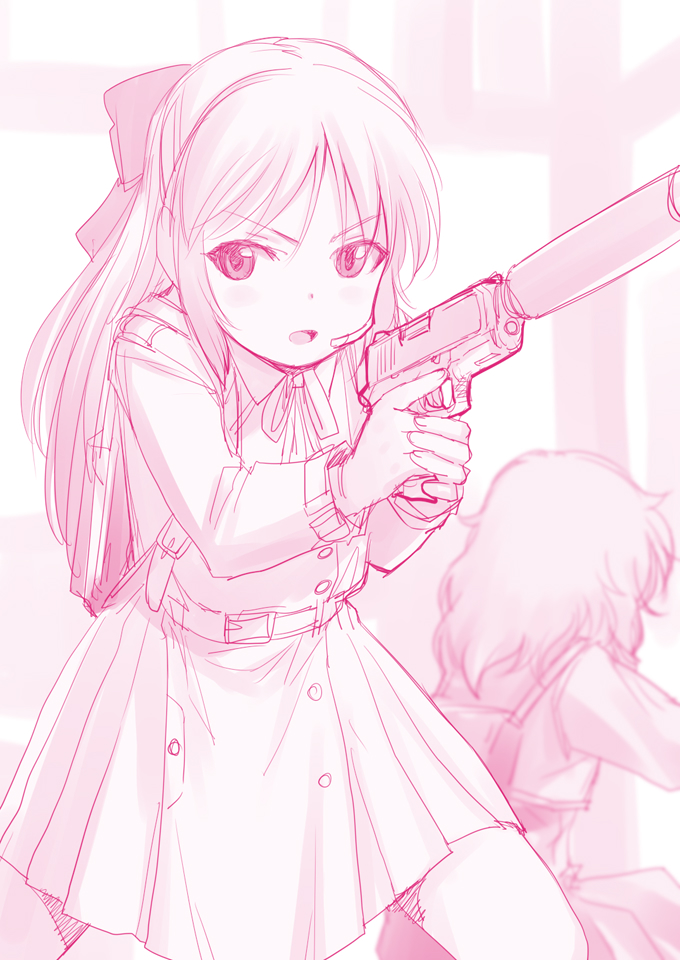 tachibana arisu gun weapon multiple girls 2girls monochrome long hair holding gun  illustration images