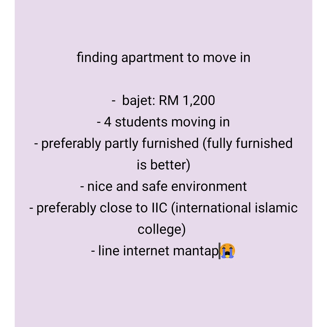 finding place to stay  (TT) pls help RT and do DM me if you know any place! thank you

#rumahsewa #rumahsewastudent #houseforent