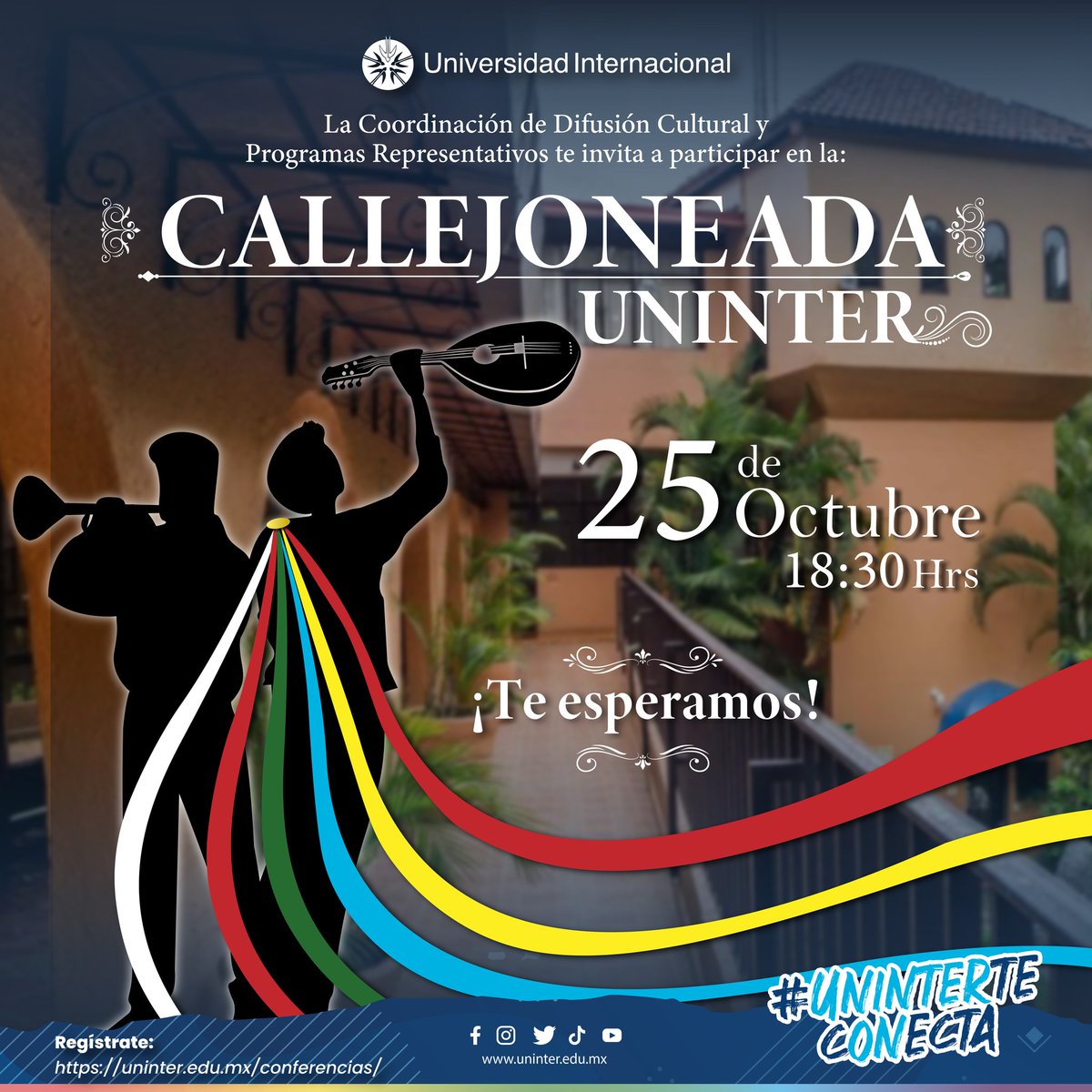 Uninter_Cuerna's tweet image. La Coordinación de Difusión Cultural y Programas Representativos te invita a asistir y participar en la #CallejoneadaUninter2022.🌇🎉

¡No te la pierdas! 🎊🎺
Link de registro:
🔗🎺 uninter.edu.mx/conferencias/

#UninterTeConecta con la cultura 🌐