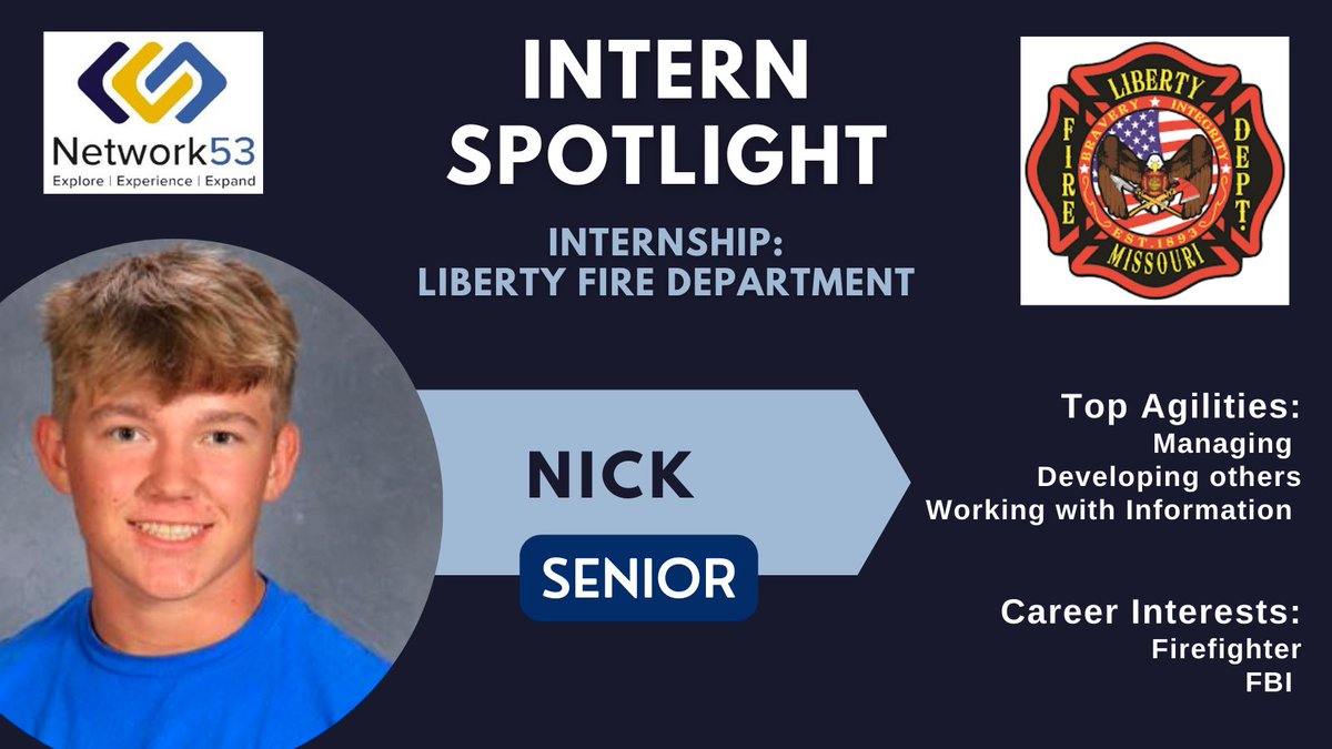 LNEagles_CarNav's tweet photo. Check out these #InternSpotlights! Nick is exploring #firefighting at Liberty Fire Department while Chloe is working in dentistry! Big thanks to @LibertyMissouri and @GladstoneDental for their partnership with #Network53!
#RealWorldLearning works!
@LPStheadvance @DeBruceFound https://t.co/2hQHPiO47q