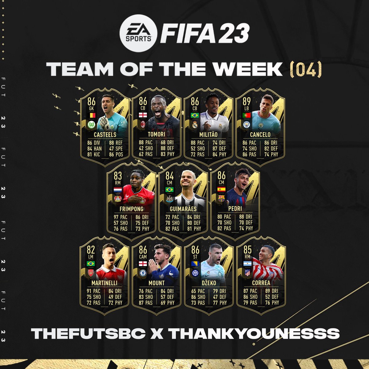 TheFUTSBC's tweet photo. 🚨TOTW4 Predictions🚨

Defensive masterclasses taking centre stage in the one 🧱

Ft - 
🏴󠁧󠁢󠁥󠁮󠁧󠁿Tomori 
🇧🇷 militao
🇵🇹 Cancelo

Not the heroes we all deserve but any you want for your WL rewards 👀

Design - @ThankYounesss 😍

#FIFA23 #TOTW4 https://t.co/25s1VQQWPB