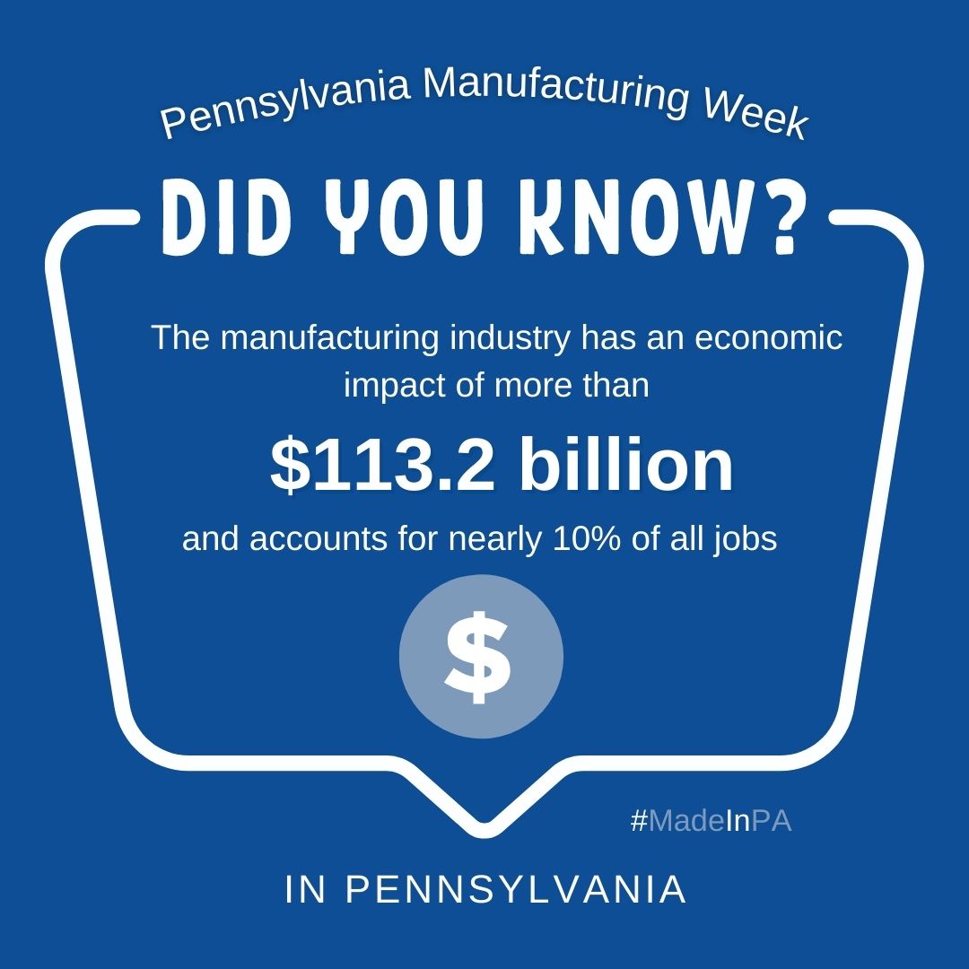 Manufacturing has always been the backbone of Pennsylvania’s economy, and today is no different. This diverse industry has an economic impact of more than $113.2 billion +accounts for nearly 10% of all jobs in the Keystone State! 

#madeinpa #MFGWeek22 #AllentownEDC