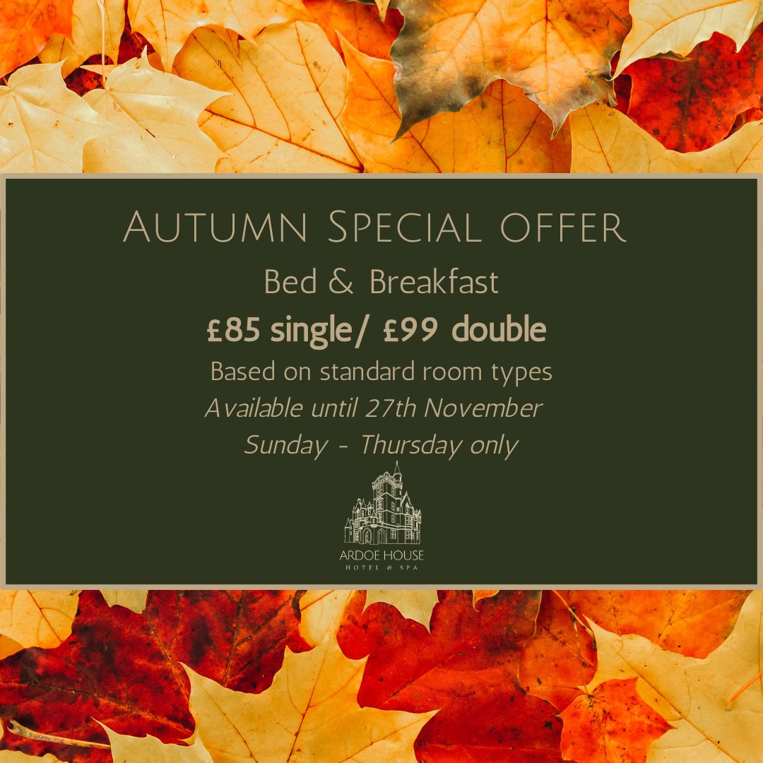Autumn Special Offer

To book email reservations@ardoehousehotel.co.uk or call 01224 867355

#ardoehousehotelandspa #autumnoffer #bedandbreakfast #BookNow