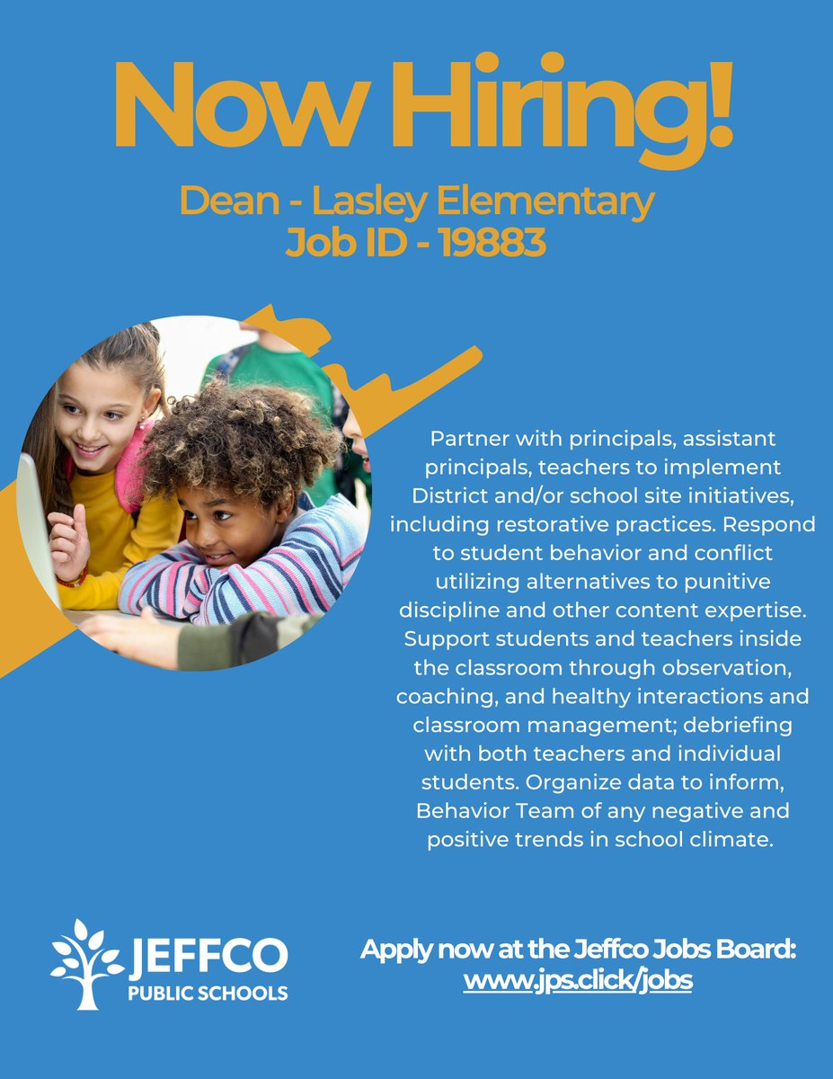 Today would be a great day to start a new career search! Are you interested in partnering with the school leadership team to implement initiatives that will respond to student behavior and conflict using alternatives to suspension? Apply Now!