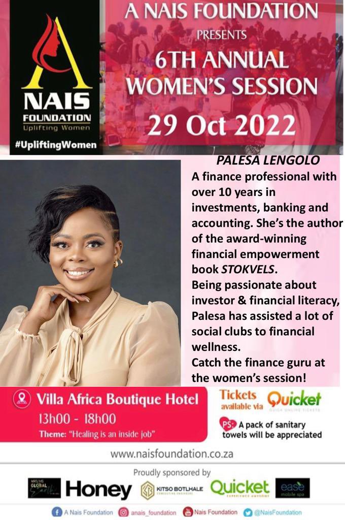NaisFoundation's tweet photo. Do you belong to a stockvel? Weather yes or no, catch the finance and Stokvel guru as she educates us about financial literacy and wellness! Stockvel ladies, this is for you. #6thannualwomensession #healingisaninsidejob #financiallitercy #uplifitingwomen @neo_mafolo https://t.co/V4M1QUEWmF