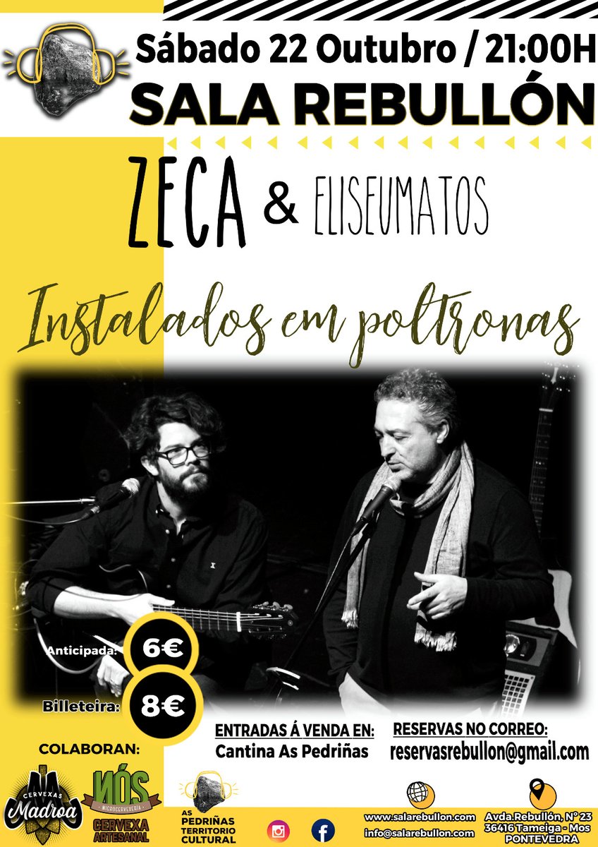 🎶 Este mês visitam a Galiza Zeca &amp; Eliseu Matos para apresentar o seu trabalho "Instalados em poltronas". O dia 14 outubro na <a href="/arcadanoe/">A Arca da Noe</a> em Vilar de Santos e o 22 e Mos na sala Rebullón. Apareçam!