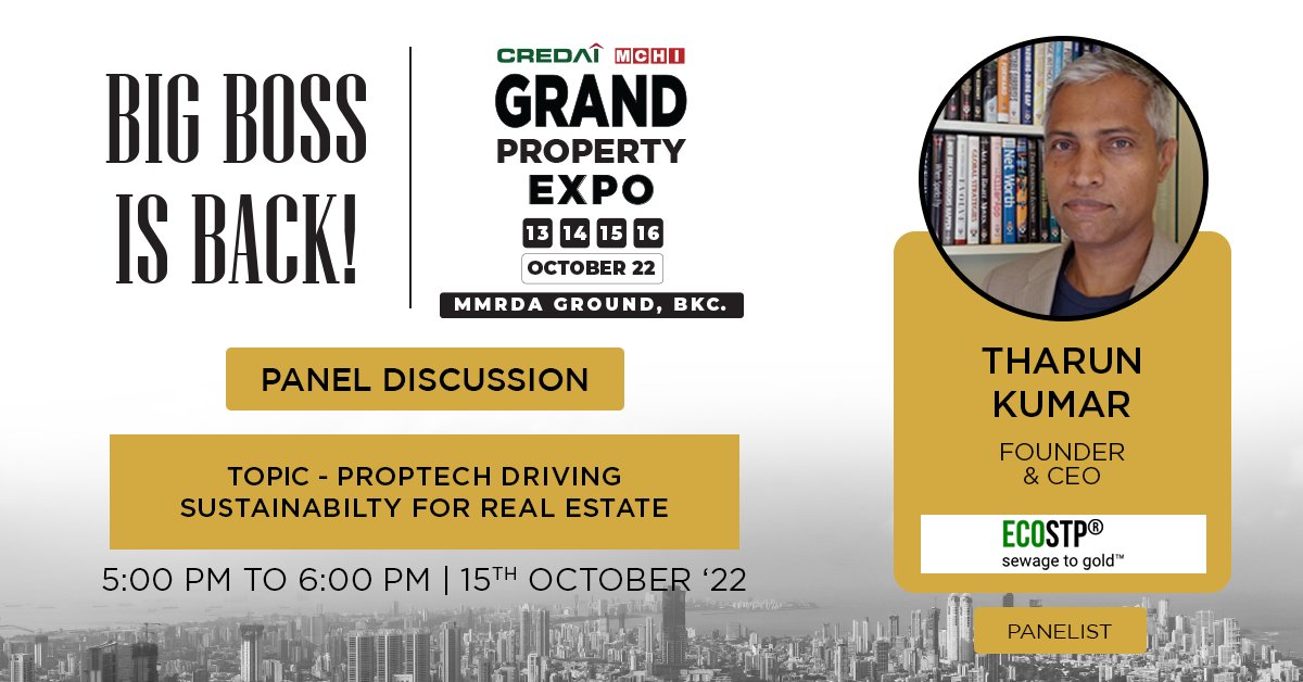 Meet Mr. Tharun Kumar, Founder &amp; CEO, <a href="/_ecostp_/">ECOSTP</a> our esteemed panelist for the panel discussion on "Proptech Driving Sustainability For Real Estate" at the 30th edition of CREDAI-MCHI's Grand Property Expo 2022 at MMRDA Grounds in BKC on October 15th, 2022, from 5 pm to 6 pm.