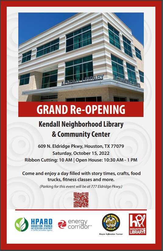 benhuynhhouston's tweet image. Houston, TX. 
Join us for the Grand Re-opening of the Kendall Neighborhood Library &amp;amp; Community Center!

Ribbon Cutting: 10 AM

Enjoy a day filled with story times, crafts, food trucks, fitness classes, and more to celebrate the re-opening.

#houston #houstonlibrary #smile #life