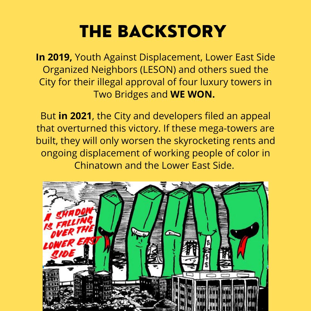 YADArmy1's tweet photo. We have been fighting the four luxury mega-towers in Two Bridges for years, and though developers are trying to break ground, we won’t give up! These mega-towers are vehicles of mass displacement for working people of color in Chinatown and the Lower East Side. (1/4) https://t.co/0jN8S5Tuky
