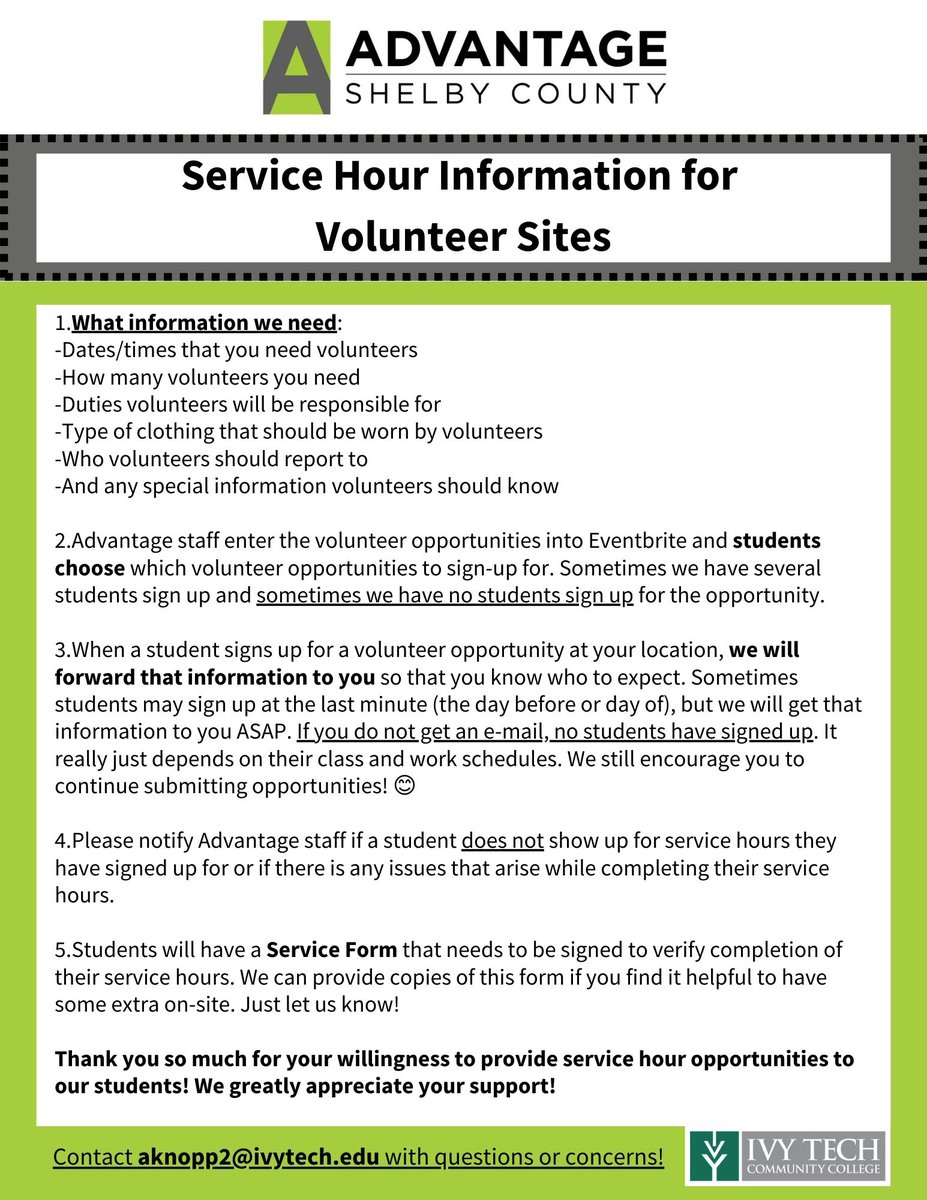 Attention 501c3 Organizations!! Are you in need of spare hands for a project or event?  Please consider submitting service our opportunities for Advantage Shelby County students!  
If you would like to submit service hours, please contact aknopp2@ivytech.edu.