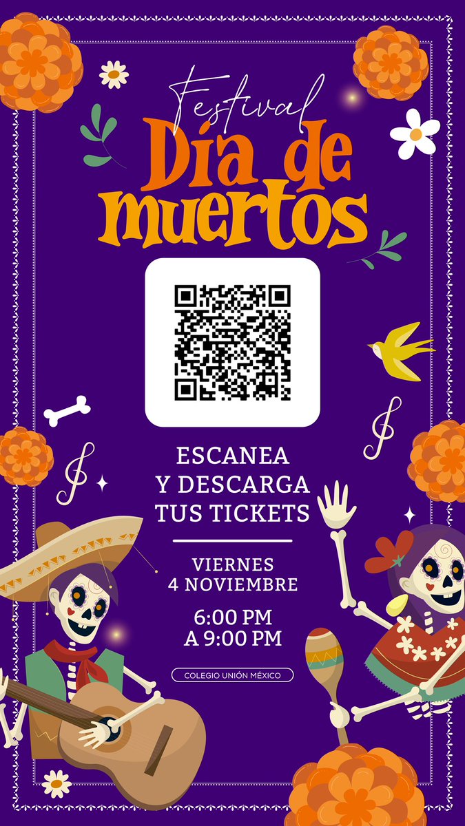 ColegioUnionMex's tweet photo. Festival de Día de muertos 💀

¡Ya puedes registrarse para asistir a nuestro Festival el próximo 4 de noviembre! 🤩

Escanea el código y regístrate 👈🏼

* Recuerda que este evento es abierto al público en general con previo registro 

#ColegioUniónMéxico  #festivaldiademuertos https://t.co/LtsM04rEGa