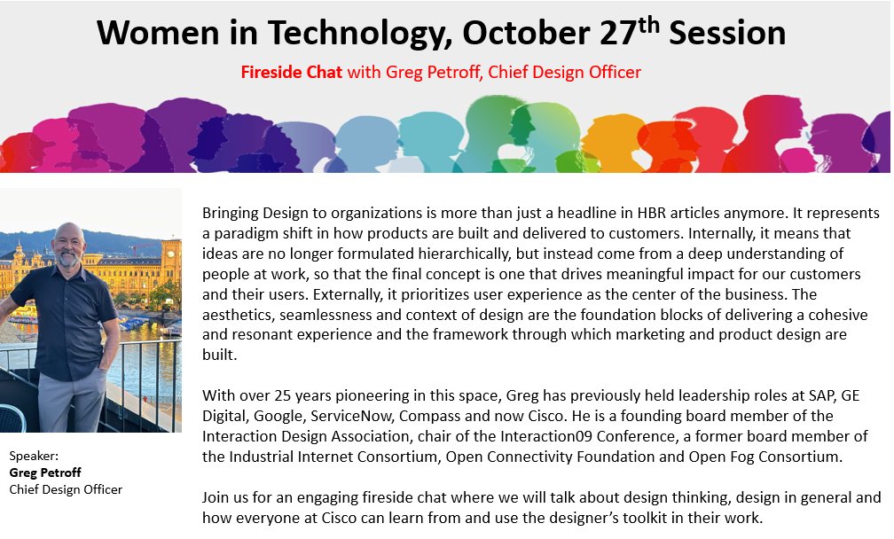 cisco_wit's tweet photo. Get ready for a fireside chat with @gpetroff! This #October #WIT event join us as Greg Petroff talks about design thinking and design in general!
For internal Cisco audiences only.
#LoveWhereYouWork #WeAreCisco #WomenInTech #CiscoWIT #Leadership https://t.co/jOT1yym4Zj