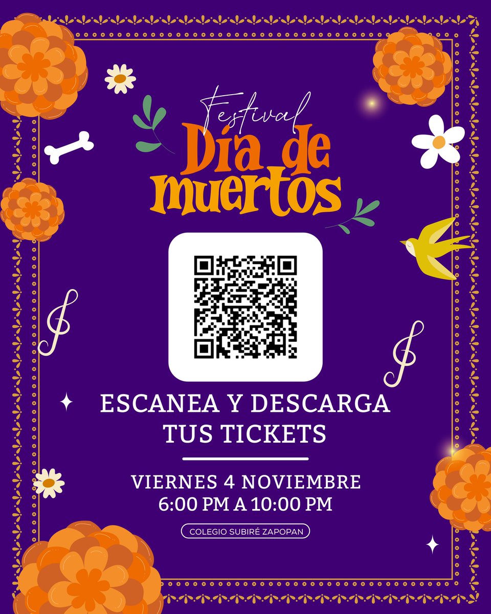💀Festival de Día de muertos 💀

¡Ya puedes registrarse para asistir a nuestro Festival el próximo 4 de noviembre! 🤩

Escanea el código y regístrate 👈🏼

* Recuerda que este evento es abierto al público en general con previo registro 

#ColegioSuBiré #festivaldiademuertos