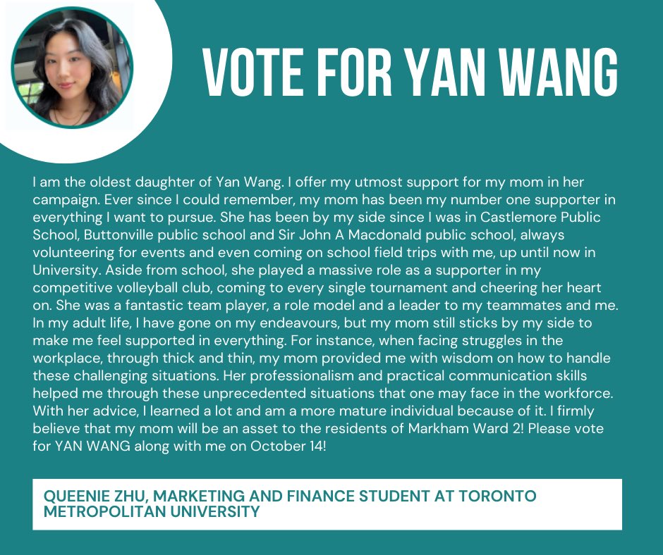 yanwangmarkham's tweet photo. Thanks Queenie for the endorsement! Love you!
#municipalelections2022 #elections2022
#citycouncillor #markhamward2 #endorsements https://t.co/NUYmbkVprU