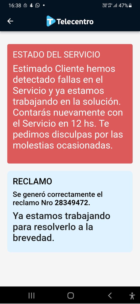 MarceloPecimut's tweet photo. @ENACOMArgentina @TeleCentroAr 
Tercer fin de semana que telecentro nos deja sin internet al durante más de 20hs
Pésimo servicio! https://t.co/WygCuhvM77