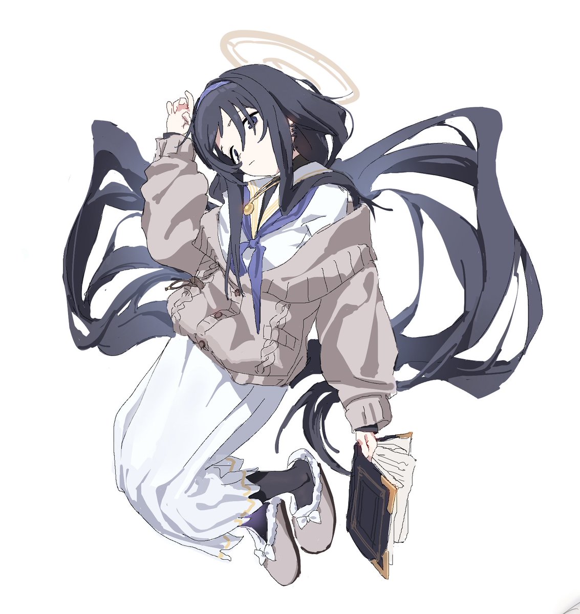 ui (blue archive) 1girl slippers halo long hair solo black hair book  illustration images