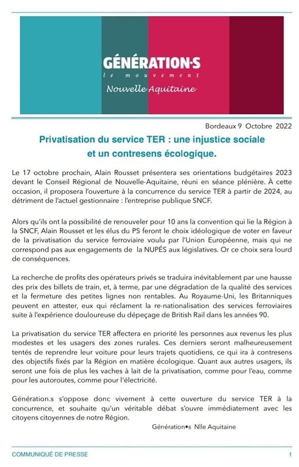 GenMobilites's tweet photo. @GenerationsMvt #NouvelleAquitaine  communique et s'engage pour un service public ferroviaire !

❌Non à une ouverture à la concurrence non obligatoire !

✅Oui à une convention longue pour les usagers et les cheminots !

⤵️⤵️⤵️ https://t.co/leWlJ4U9Ah
