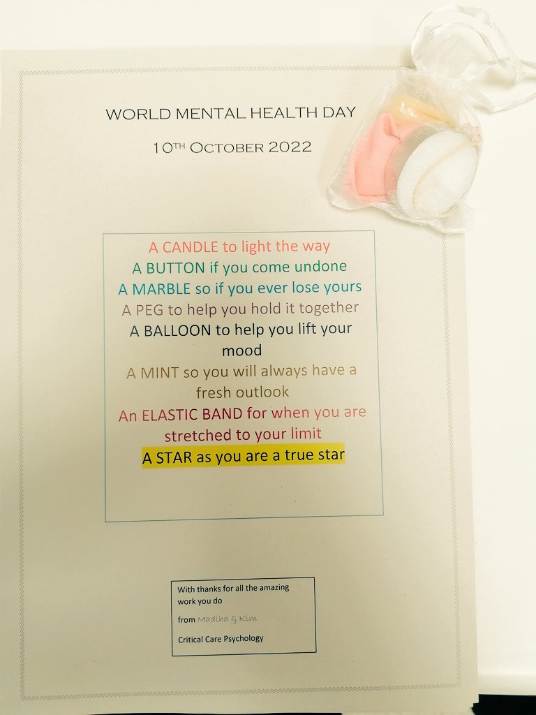 Graceamportey's tweet image. World Mental Health Day. Nice gesture from our psychology team to critical care staff. This year's theme 'Make mental health and wellbeing for all a global priority.'@BHR_ITU_PDNteam @ruth_dando @devinar15 @MaryOCo34492729 @vickysullivan88 @magsomahony_o