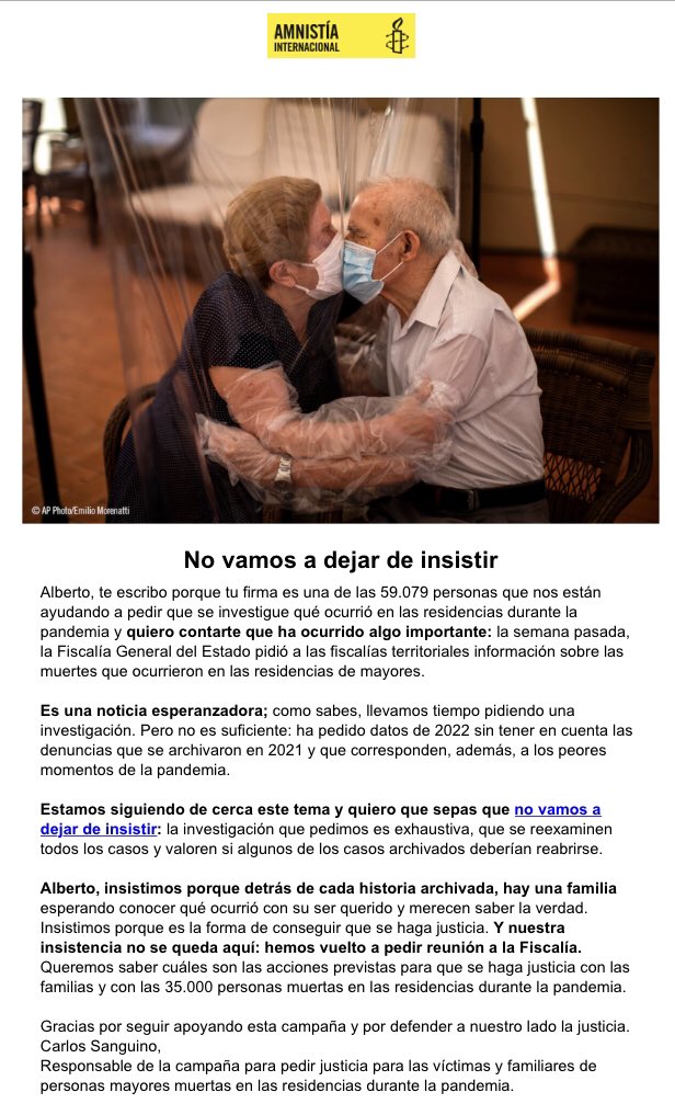 albertoreyero's tweet photo. Hoy me recuerda @amnistiaespana la solicitud que apoyé junto a 59.078 personas más para pedir a los grupos políticos del Congreso una Comisión de la Verdad que analice lo sucedido en las residencias, escuche a las familias y adopte sus conclusiones. Gracias por insistir https://t.co/e5gvR0Za41
