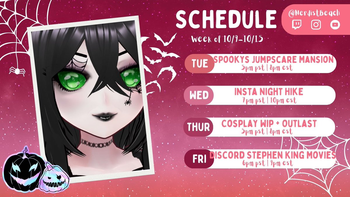 nerdistbeach's tweet photo. Here’s my streaming schedule for this week 🎃 https://t.co/bSF8Iumngj