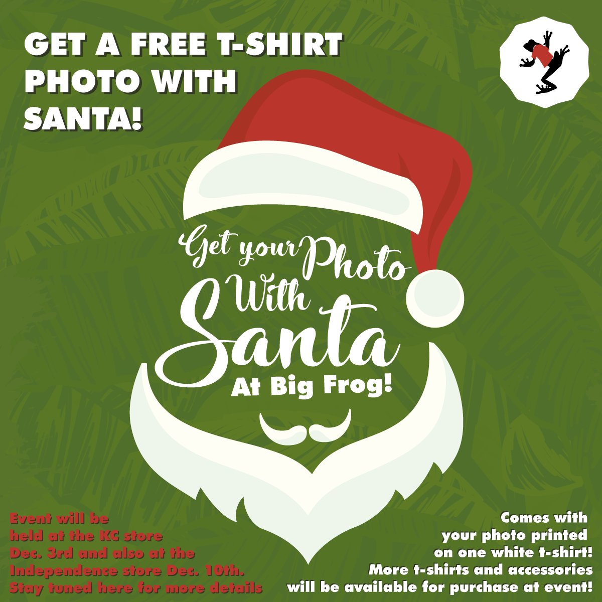 BigFrogOfInde's tweet photo. Mark your Calendars! Santa is coming to Big Frog! We'll be hosting Santa and taking pictures on December 10th. One free shirt per family/group but more shirts and accessories will be available for purchase. We hope to see you there! https://t.co/91i0uo2Llp