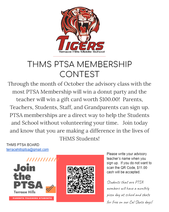 THMS_CJUSD's tweet photo. THMS students, families, staff, community members, everyone!!! Become a member of THMS PTSA and you'd help our school get more resources, fun events and activities. Open QR code/request a form from a teacher. Help your Advisory class win a donut party #thmstigers #cjusd #thmsptsa https://t.co/DhKOuKHhcD