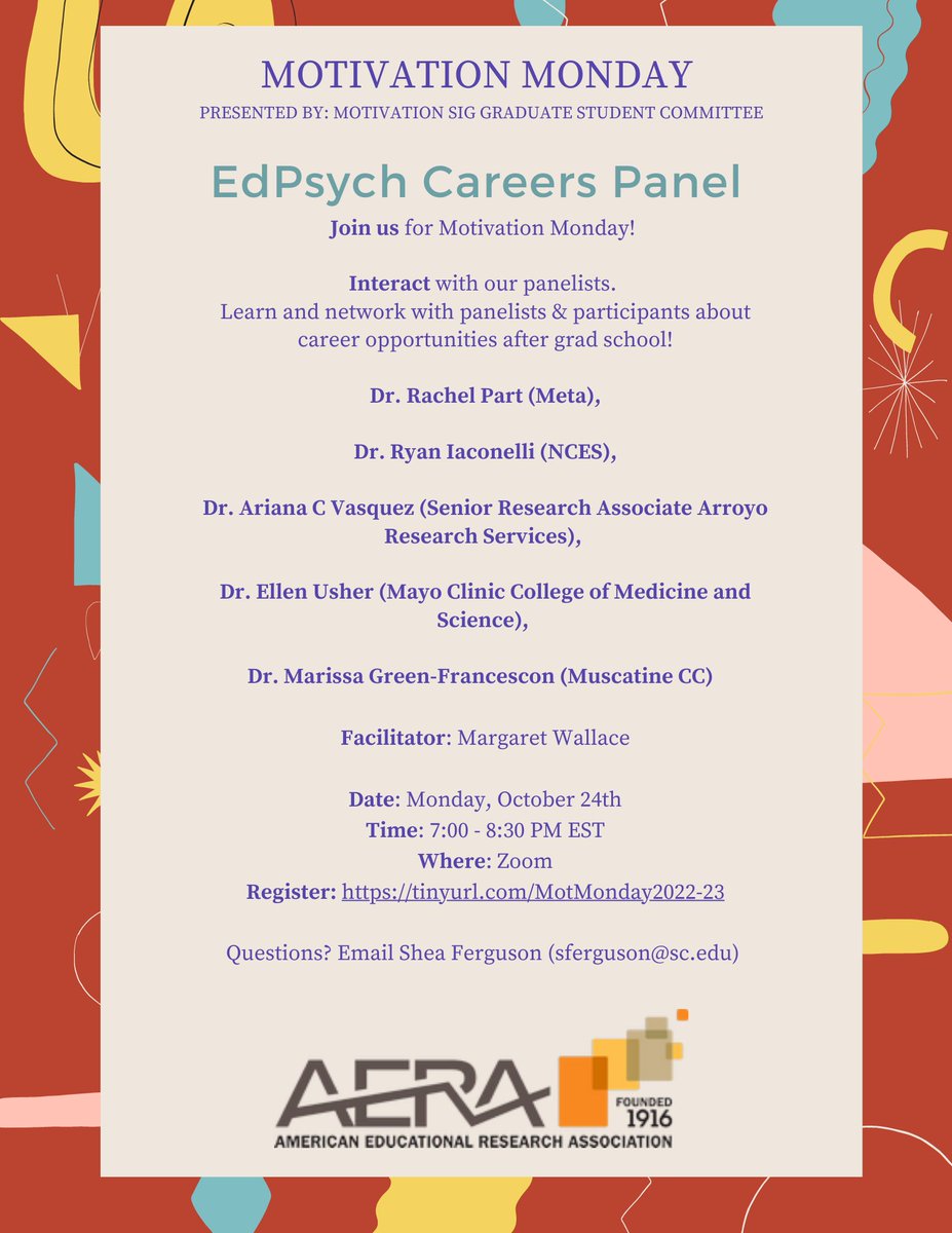 MotSIG_GSC's tweet photo. We are excited to announce our next #MotivationMonday! Join us on Monday, 10/24th at 7PM EST to learn about various "Careers in Educational Psychology." 

Register: https://t.co/O5p1XwKuLd
Submit audience questions: https://t.co/9u9FxodchI https://t.co/Dt6mLYbh0C
