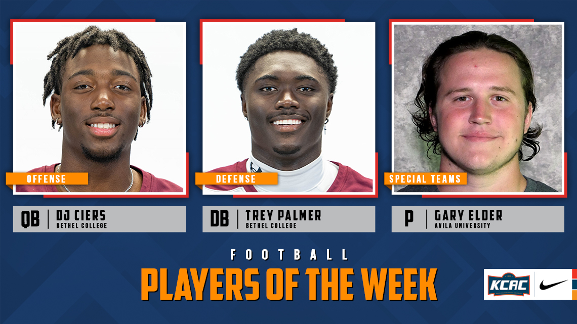 kcacsports's tweet photo. DJ Ciers and Trey Palmer, both of @ThreshersSports, and Gary Elder of @Avila_Athletics Earn KCAC Football Weekly Honors! https://t.co/ABXtaXkWoD #KCACfb

@NAIA @NAIAFBALL @RedditCFB https://t.co/rnJC4by7s8