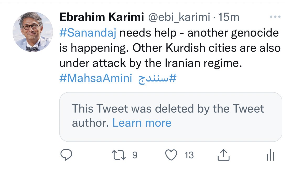 Please RT: What is going on with the <a href="/twitter/">Twitter</a>? - Twitter deleted my tweet about the situation in Kurdistan - the Iranian regime attacked to many cities and have killed over 300 people over the past weeks. #Sanandaj #MahsaAmini