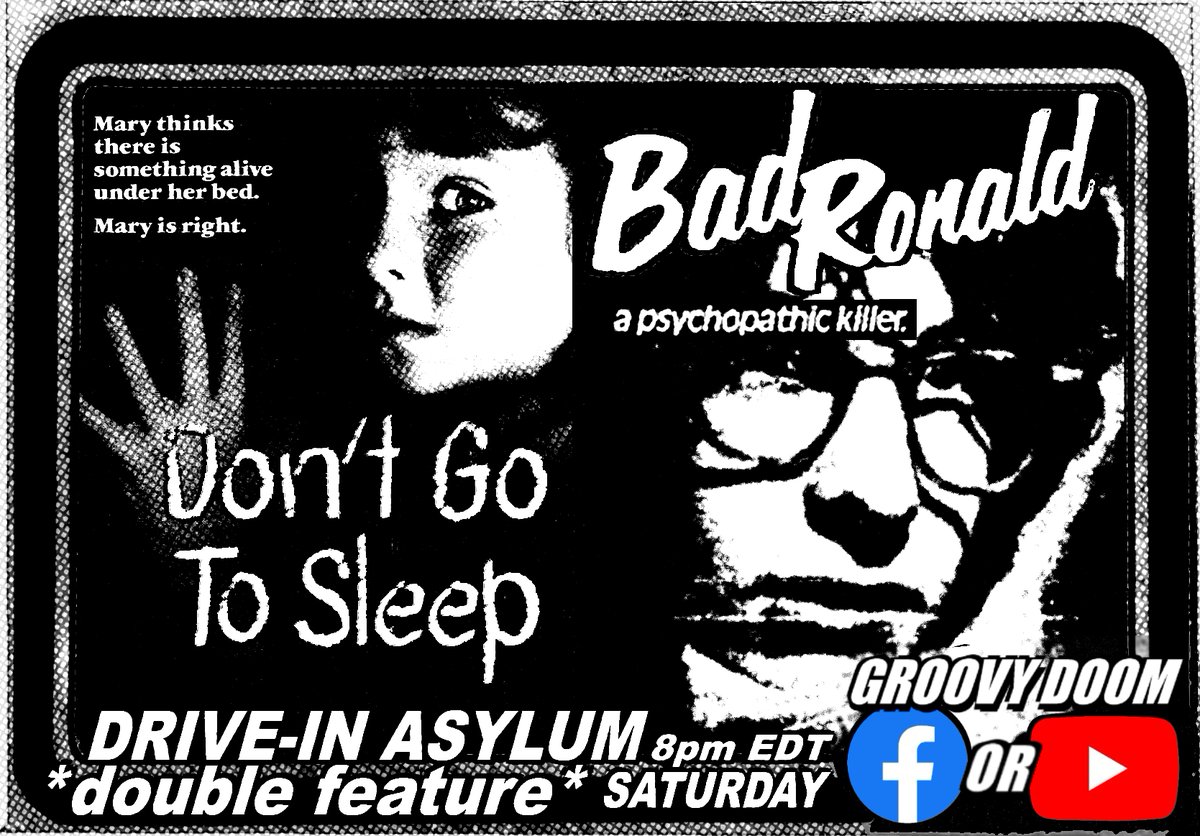 Groovy_Doom's tweet photo. Watch some made-for-TV horror with us this weekend on the DRIVE-IN ASYLUM *double feature*! We're welcoming Brad Hogue and Richard Glenn Schmidt from @doomedmoviethon to discuss ghostly screamer DON'T GO TO SLEEP and psycho thriller BAD RONALD! Join us via Groovy Doom FB or YT. https://t.co/IMeyOmKfg1